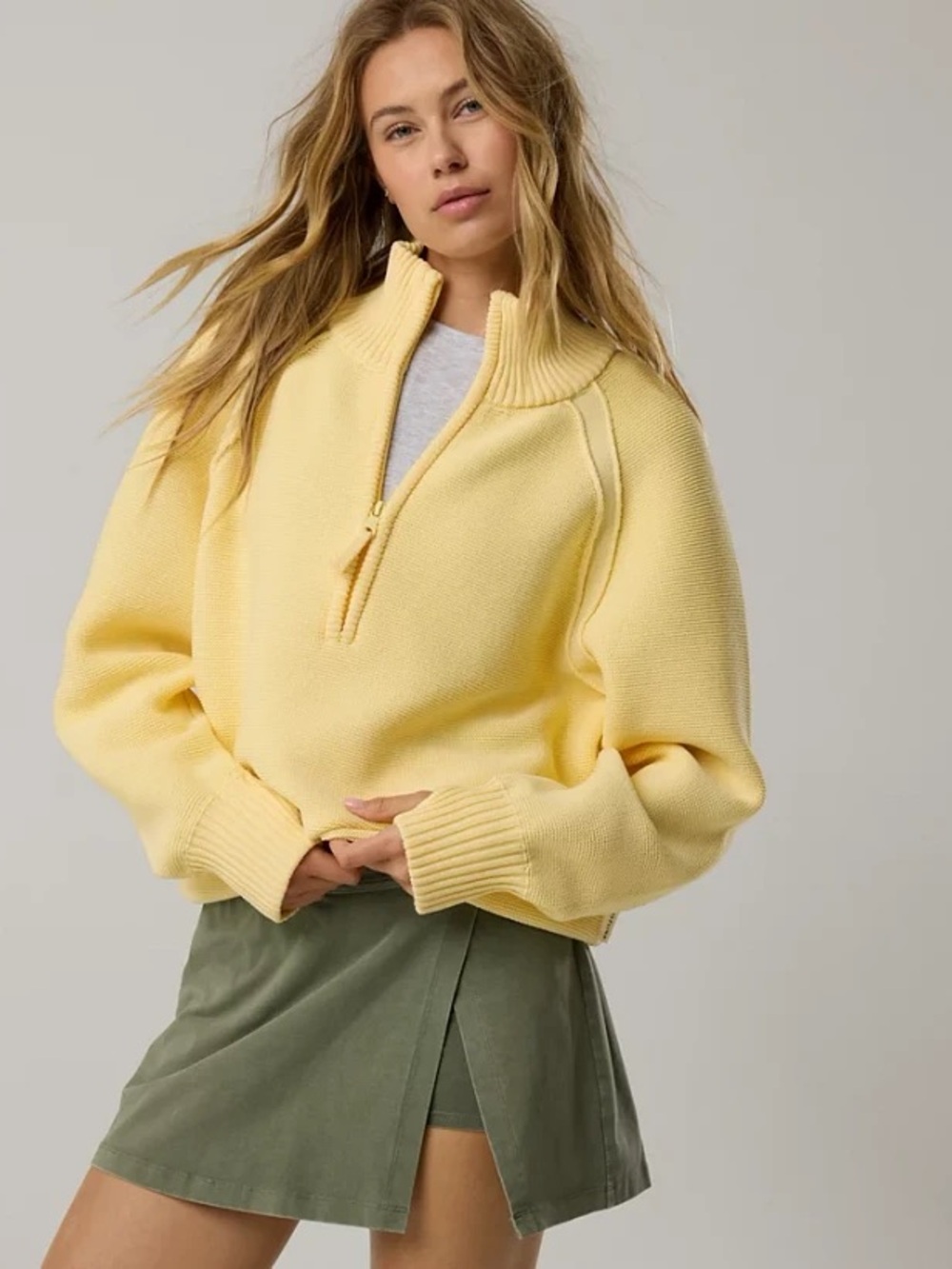 aerie Cool Down Quarter Zip High Neck Sweater Pale Yellow recycled poly Sz Small